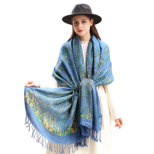 DANA XU 100% Merino Wool Pashmina Shawl for Women 96"x43", Oversized Cashmere Wrap with Tassels, Floral Travel Blanket Cape
