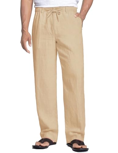 COOFANDY Men's Casual Linen Pants Elastic Waist Drawstring Beach Summer Pants Lightweight Linen Trousers