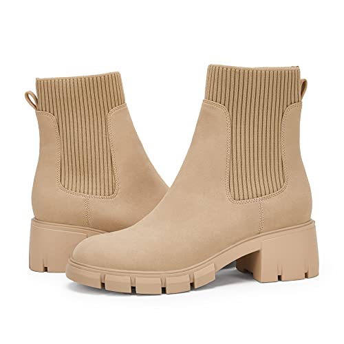 Ruanyu Womens Platform Ankle Boots Elastic Chunky Block Heel Chelsea Booties Lug Sole Non-Slip Combat Shoes