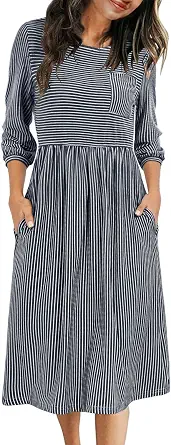 MEROKEETY Women's 3/4 Balloon Sleeve Striped High Waist T Shirt Midi Dress with Pockets