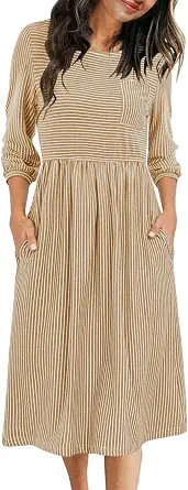MEROKEETY Women's 3/4 Balloon Sleeve Striped High Waist T Shirt Midi Dress with Pockets