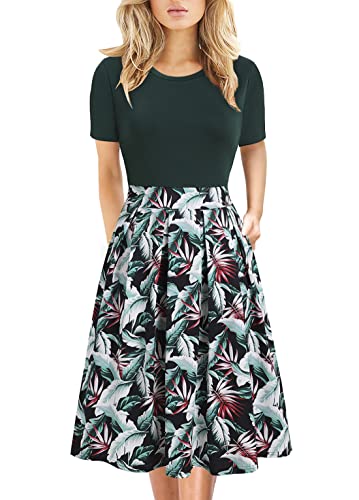 Women's Elegant Knee Length Dresses Vintage 50s Office Casual Floral Print Work Party A-Line Swing Dress with Pockets 162