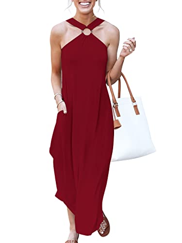ANRABESS Women Summer Halter Neck Sundress Sleeveless Split Side Casual Beach Travel Vacation Maxi Long Dress with Pockets