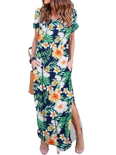 HUSKARY Women's Summer Maxi Dress Casual Loose Pockets Long Dress Short Sleeve Split