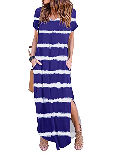 HUSKARY Women's Summer Maxi Dress Casual Loose Pockets Long Dress Short Sleeve Split