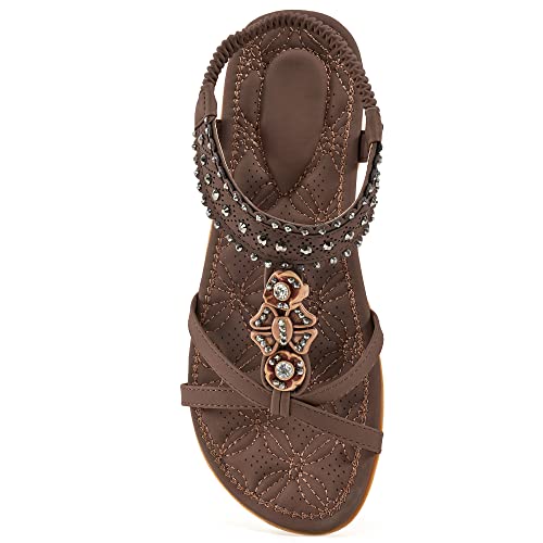 Alicegana Womens Sandals Shoes Comfort Walking with Non Slip on Casual Summer Beach Shoes Dress Ankle Elastic Jeweled Bohemian Flats