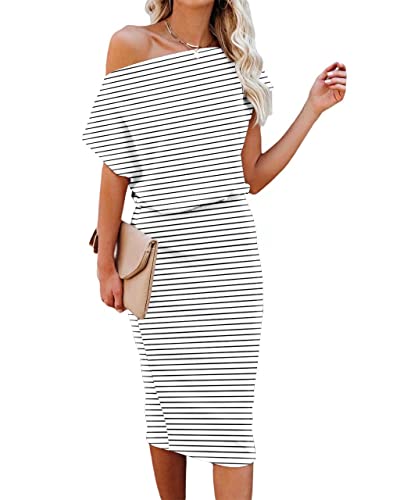 Ezbelle Women's 2025 Summer Dress Off The Shoulder Short Sleeve Ribbed Casual Party Bodycon Midi Dresses