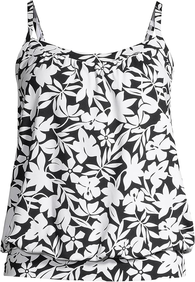 Lands' End Women's Blouson Tummy Hiding Tankini Top Swimsuit Adjustable Straps