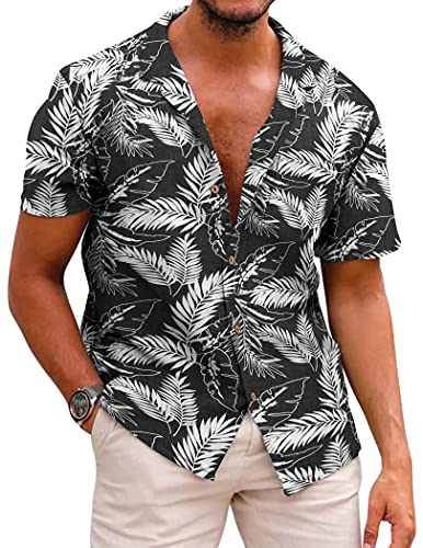 COOFANDY Mens Hawaiian Shirt Short Sleeve Buttoon Down Shirts Casual Tropical Floral Summer Linen Shirts