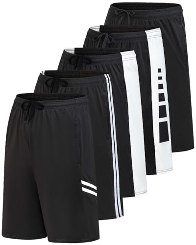 5 Pack Men's Active Quick Dry Fit Shorts - Athletic Running Gym Workout Casual Shorts with Pockets Bulk