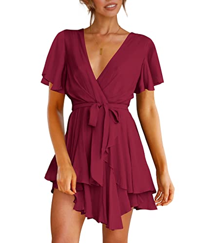 Cosonsen Women's Dress Deep V-Neck Short Sleeve Waist Tie Ruffle Mini Swing Skater Dresses