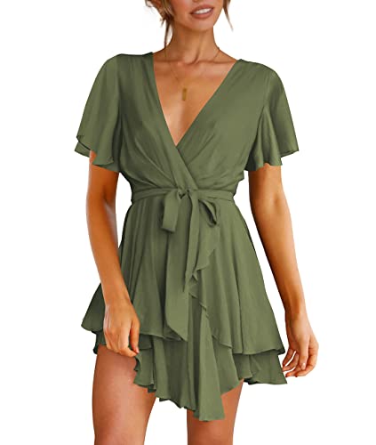 Cosonsen Women's Dress Deep V-Neck Long Sleeve Waist Tie Ruffle Mini Swing Skater Dresses