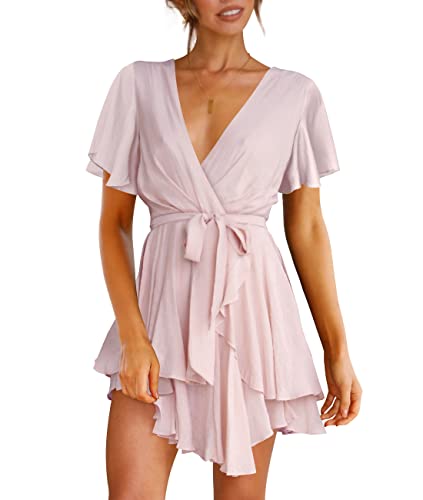 Cosonsen Women's Dress Deep V-Neck Short Sleeve Waist Tie Ruffle Mini Swing Skater Dresses