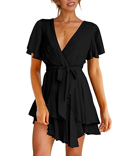 Cosonsen Women's Dress Deep V-Neck Short Sleeve Waist Tie Ruffle Mini Swing Skater Dresses