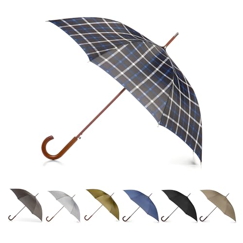 Totes Eco Auto Open Umbrella Classic Wooden J Stick Handle with Easy Grip - Windproof, Rainproof and Durable Canopy Design  Versatile Travel, Perfect for Rainy Days