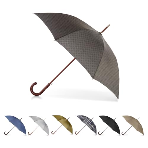 Totes Eco Auto Open Umbrella Classic Wooden J Stick Handle with Easy Grip - Windproof, Rainproof and Durable Canopy Design  Versatile Travel, Perfect for Rainy Days