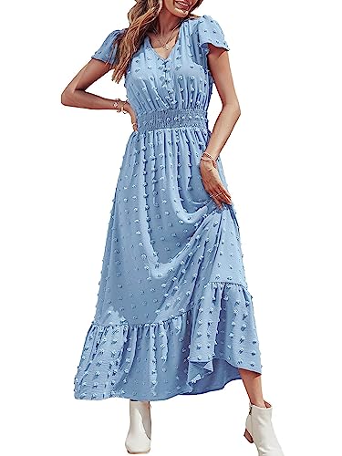 PRETTYGARDEN Womens Dresses 2025 Summer Maxi Dress Boho Short Sleeve V Neck Swiss Dot Ruffle Tiered Smocked Flowy Long Dress