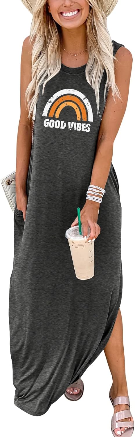 ANRABESS Women Casual Loose Sundress Sleeveless Split Maxi Long Beach Shirt Dress Travel Vacation 2025 Summer Outfits