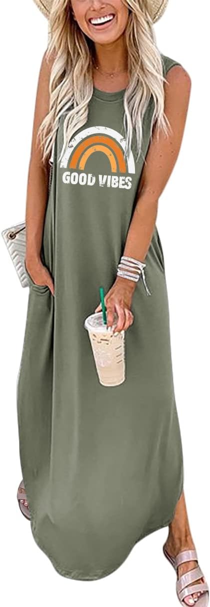 ANRABESS Women Casual Loose Sundress Sleeveless Split Maxi Long Beach Shirt Dress Travel Vacation 2025 Summer Outfits
