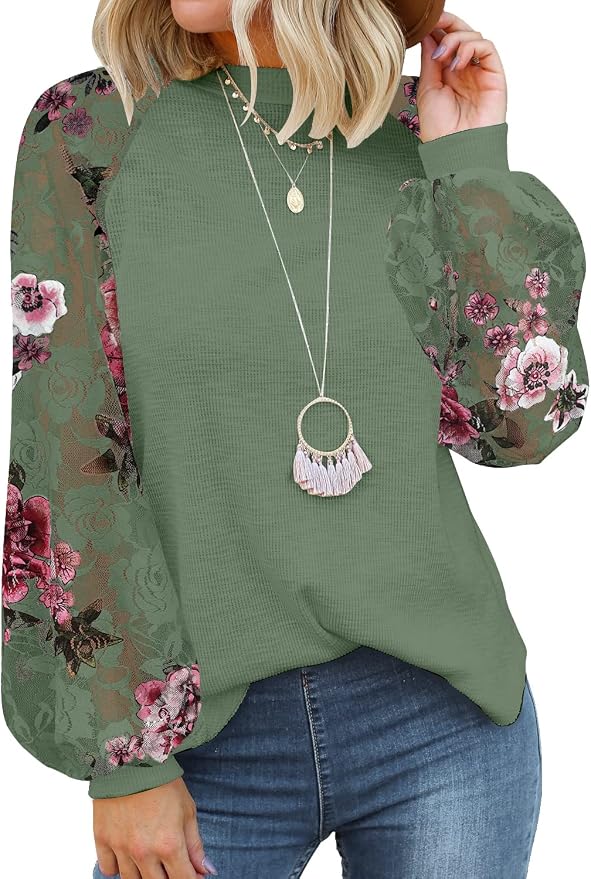 MIHOLL Womens Long Sleeve Tops Lace Casual Loose Blouses T Shirts