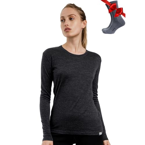 Merino.tech Merino Wool Base Layer Women 100% Merino Wool Midweight, Lightweight Long Sleeve Thermal Shirt + Wool Socks