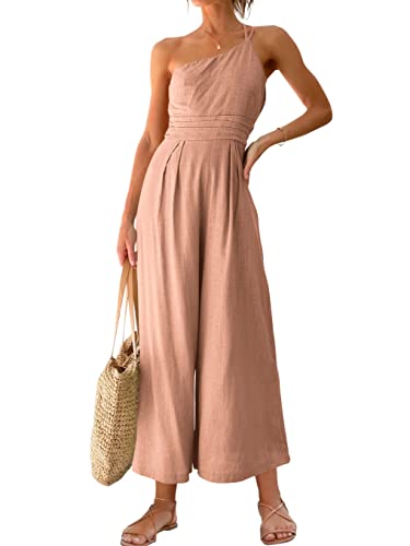 ANRABESS Women's Summer Straps One Shoulder High Waist Dressy Casual Wide Leg Linen Jumpsuit Romper Beach Travel Outfits