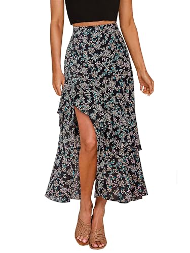 BTFBM Women 2023 Summer Spring Boho Long Skirts Dress Floral Print Elastic Waist Split Ruffle High Low Beach Maxi Skirt