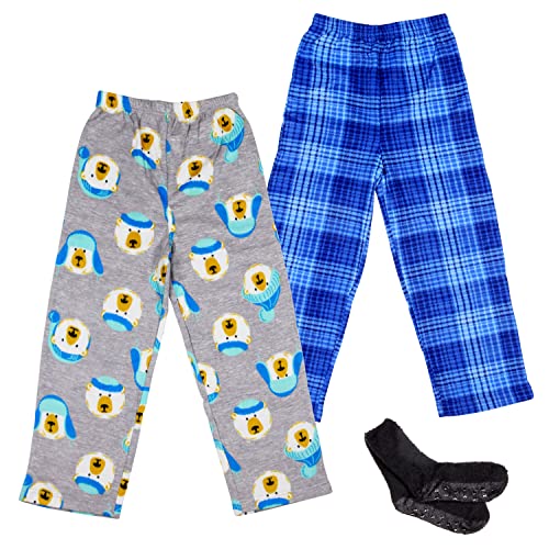Mad Dog Concepts 2-Pack Boys Pajama Pants - Soft Fleece PJ Bottoms for Kids - Plaid Lounge Pants with Slipper Socks