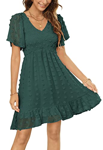 Zattcas Womens 2025 Summer Smocked Dress Short Flutter Sleeve V Neck Swiss Dot Babydoll Ruffle Tiered Mini Dress