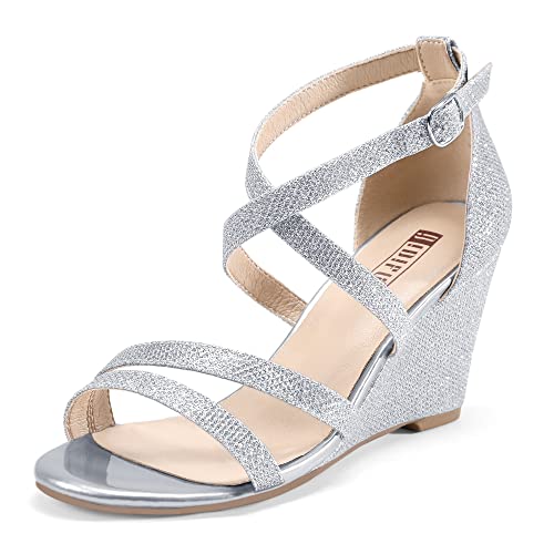 IDIFU Women's 3 Inch Strappy Wedge Sandals Open Toe Dressy Wedges For Women Black Nude Silver White Bridal Wedge Heels On Wedding Evening Summer