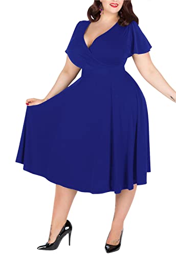 Nemidor Plus Size Dresses for Curvy Women Casual Summer V Neck Short Sleeve Midi Cocktail Vintage Dress with Pocket
