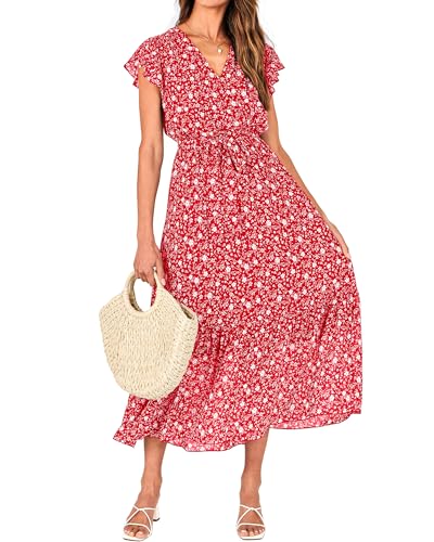 BTFBM Women Summer Bohemian Floral Casual Wrap V Neck Ruffle Cap Sleeveless Belt A-Line Pleated Hem Midi Sun Dress White