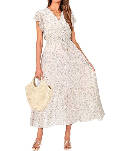 BTFBM Women Summer Bohemian Floral Casual Wrap V Neck Ruffle Cap Sleeveless Belt A-Line Pleated Hem Midi Sun Dress White