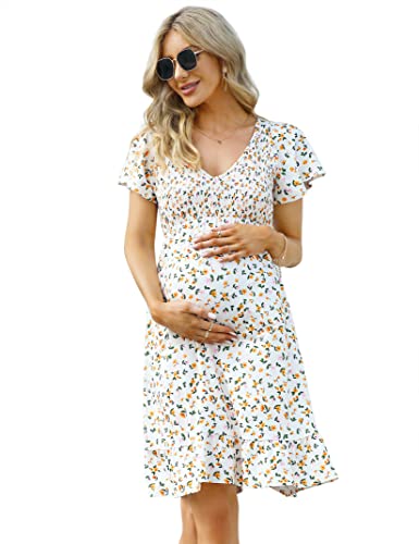 Coolmee Women's Maternity Short Sleeve Ruffle Dress V Neck Summer Casual Smocked Flowy Midi Dress for Baby Shower Photoshoot