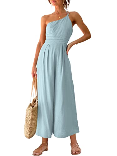 ANRABESS Women's Summer Straps One Shoulder High Waist Dressy Casual Wide Leg Linen Jumpsuit Romper Beach Travel Outfits