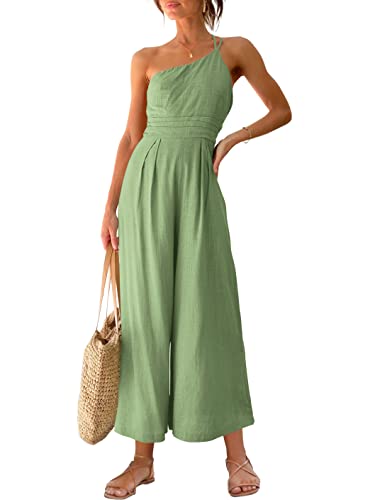 ANRABESS Women's Summer Straps One Shoulder High Waist Dressy Casual Wide Leg Linen Jumpsuit Romper Beach Travel Outfits