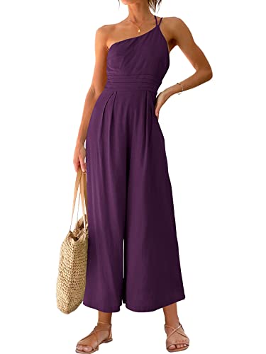 ANRABESS Women's Summer Straps One Shoulder High Waist Dressy Casual Wide Leg Linen Jumpsuit Romper Beach Travel Outfits