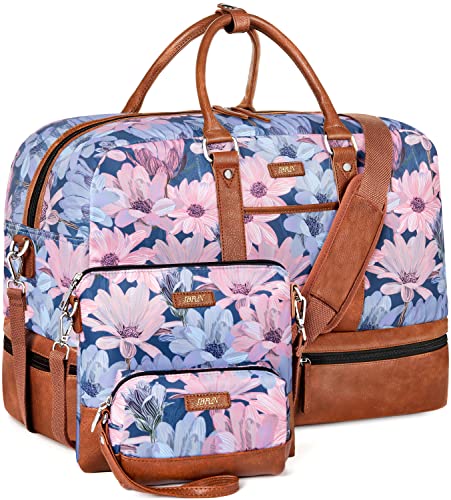 IBFUN Weekender Bags for Women, Large Overnight Bag Canvas Travel Duffel Bag Carry On Tote with Shoe Compartment 21" 3Pcs Set