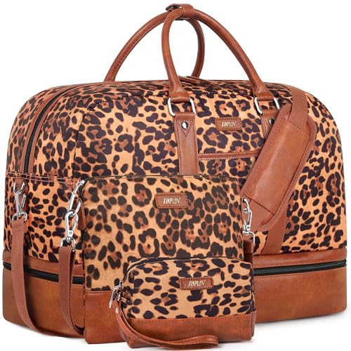 IBFUN Weekender Bags for Women, 3PCS 21" Large Travel Duffle Carry on with Crossbody Bag & Toiletry Bag, Water-Resistant Shoe Compartment, Trolley Sleeve, for Business Weekend Overnight Trips
