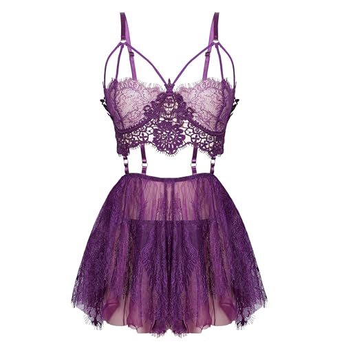 SPORCLO Plus Size Lingerie for Women Lace Black Babydoll Sexy Mesh High Waisted Nightdress Strappy Exotic Sleepwear