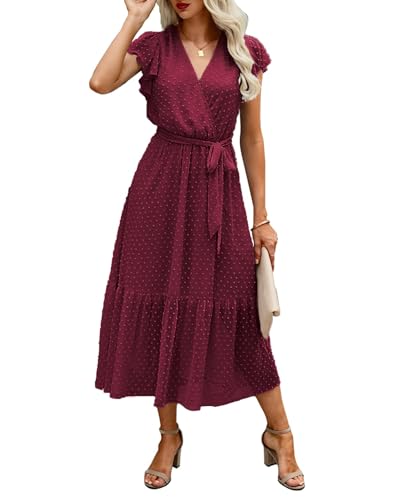 BTFBM Women Summer Bohemian Floral Casual Wrap V Neck Ruffle Cap Sleeveless Belt A-Line Pleated Hem Midi Sun Dress White