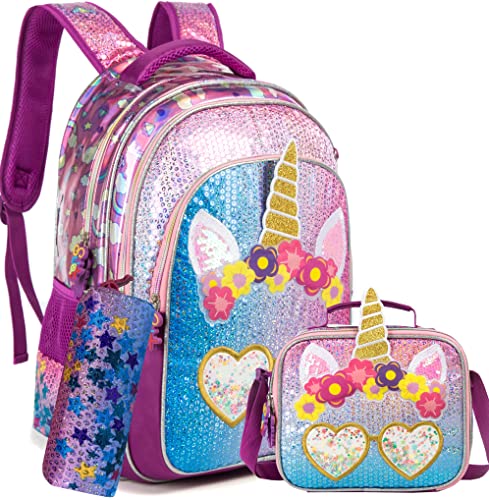 Backpack for Girls 16" Backpacks for Girls for School Sequin Backpack with Lunch Box for Elementary Students
