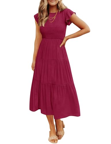 ZESICA Women's 2025 Summer Casual Flutter Short Sleeve Crew Neck Smocked Elastic Waist Tiered Midi Dress