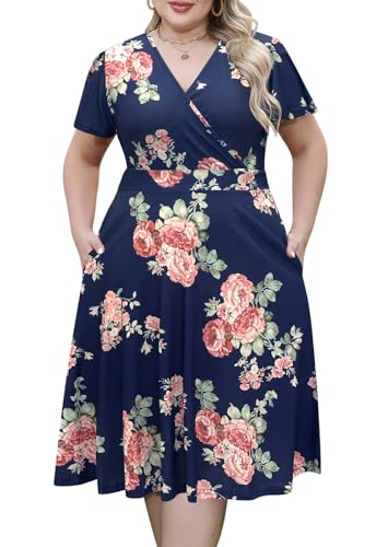 Nemidor Plus Size Dresses for Curvy Women Casual Summer V Neck Short Sleeve Midi Cocktail Vintage Dress with Pocket