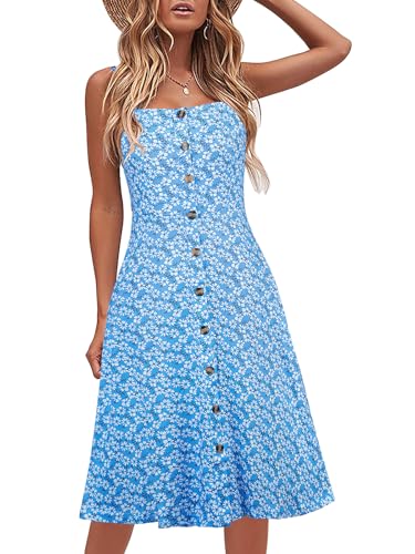 Berydress Women's Casual Beach Summer Dresses 2025 Solid Cotton Flattering A-Line Spaghetti Strap Button Down Midi Sundress