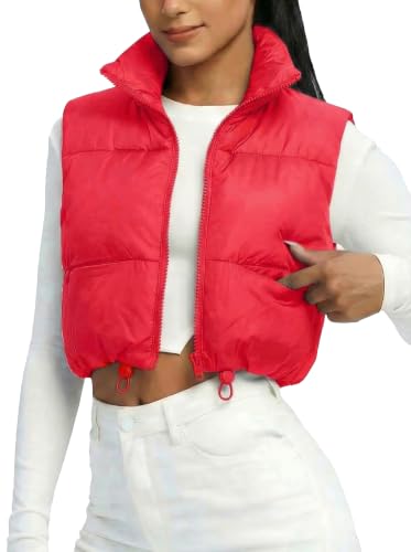Fuinloth Women's Padded Vest, High Stand Collar Lightweight Zip Crop Puffer Gilet
