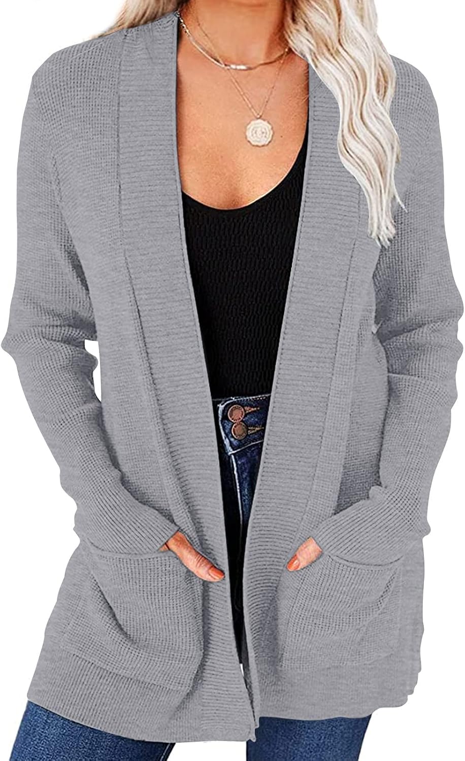 MEROKEETY Women's 2025 Fall Open Front Waffle Knit Cardigan Long Sleeve Cozy Knit Sweaters with Pockets