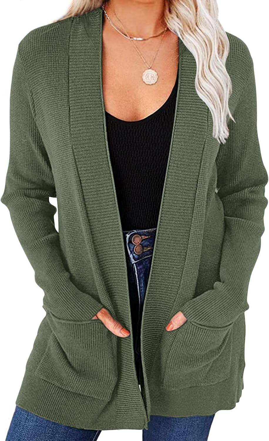 MEROKEETY Waffle Knit Cardigan