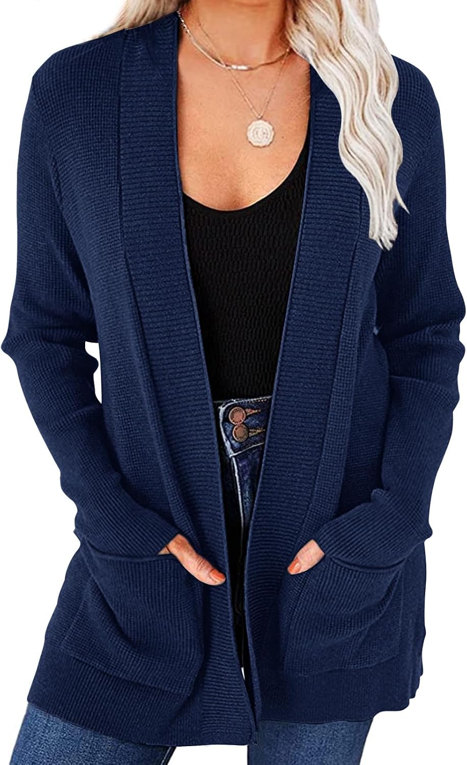 MEROKEETY Women's 2025 Fall Open Front Waffle Knit Cardigan Long Sleeve Cozy Knit Sweaters with Pockets