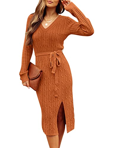 MEROKEETY Women's 2025 Fall Long Sleeve Bodycon Sweater Dress Winter V Neck Cable Knit Slit Midi Dresses